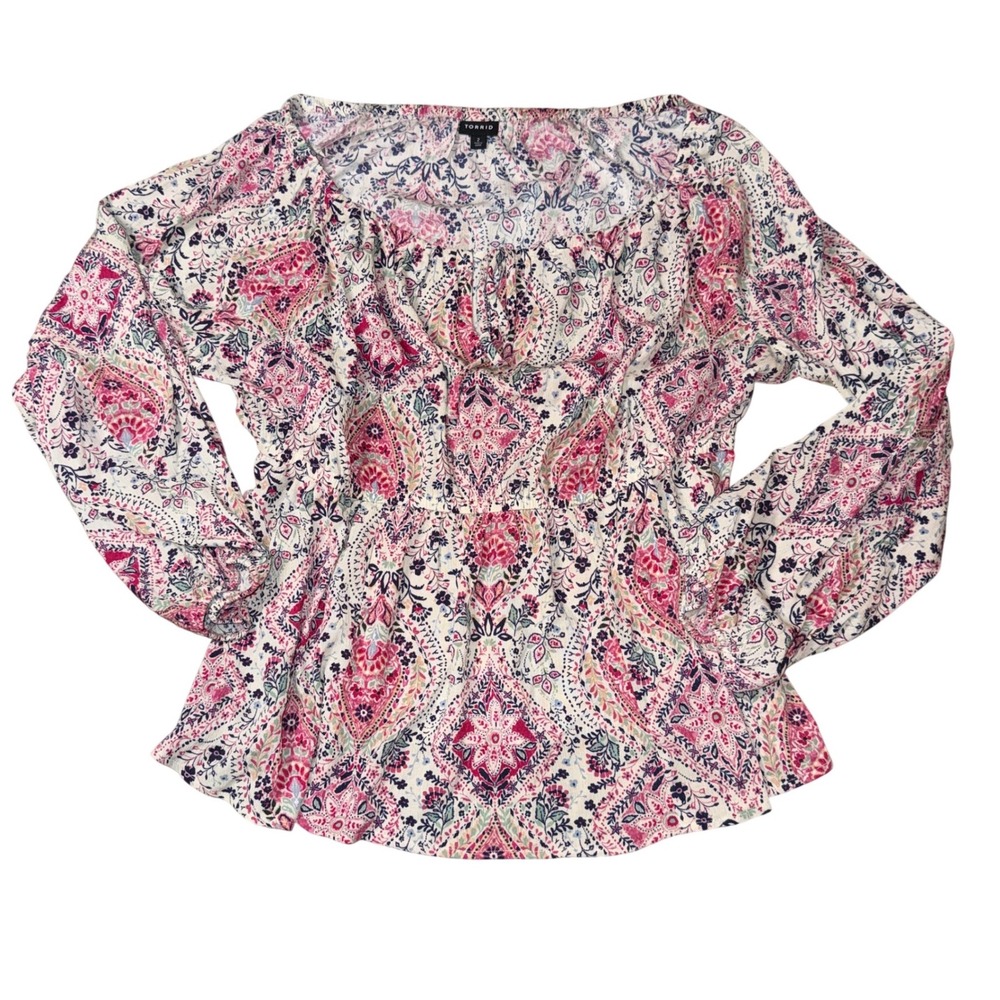 Torrid Shirt 2X Pink Paisley Floral Off Shoulder Peplum peasant Blouse boho
